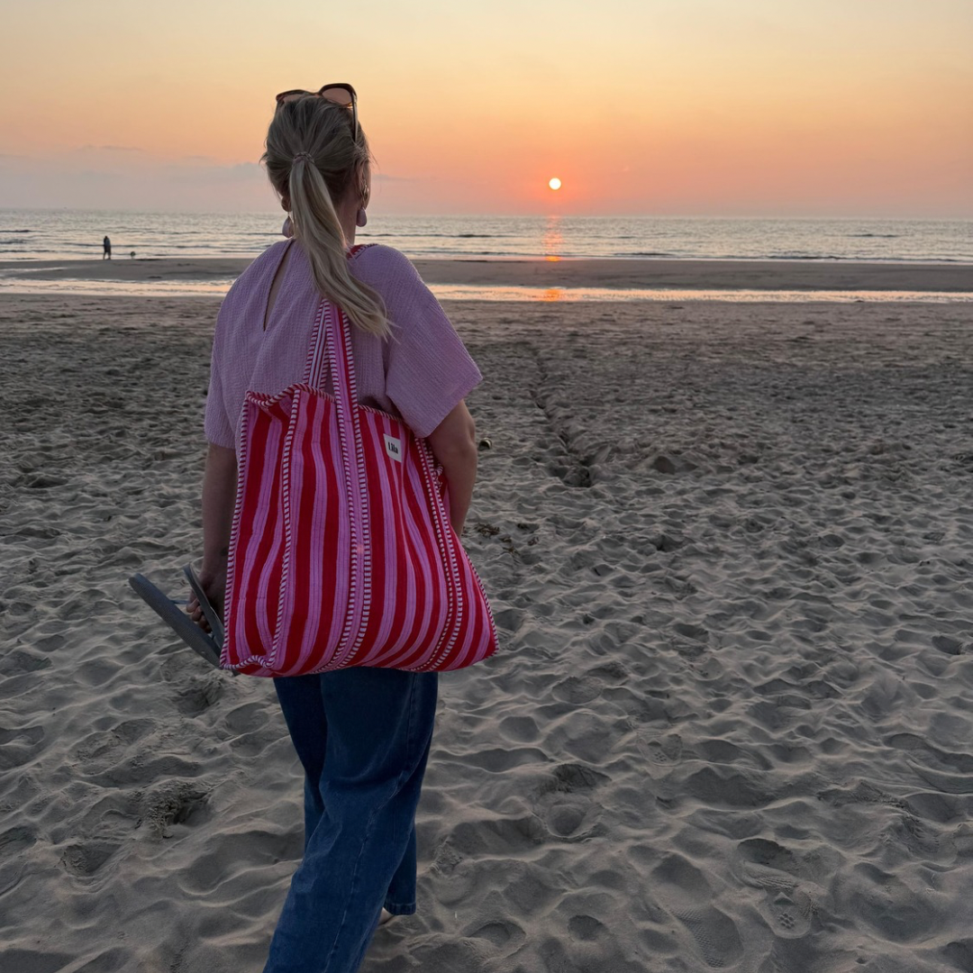 Tote bag - Red - Pink - Stripes - including toiletry bag - Zipper