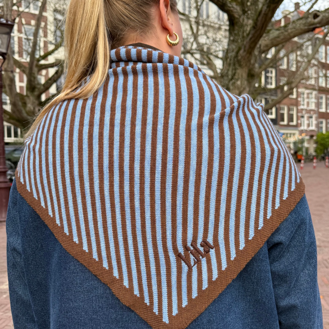Triangle Scarf - Brown & Blue Stripe - Large