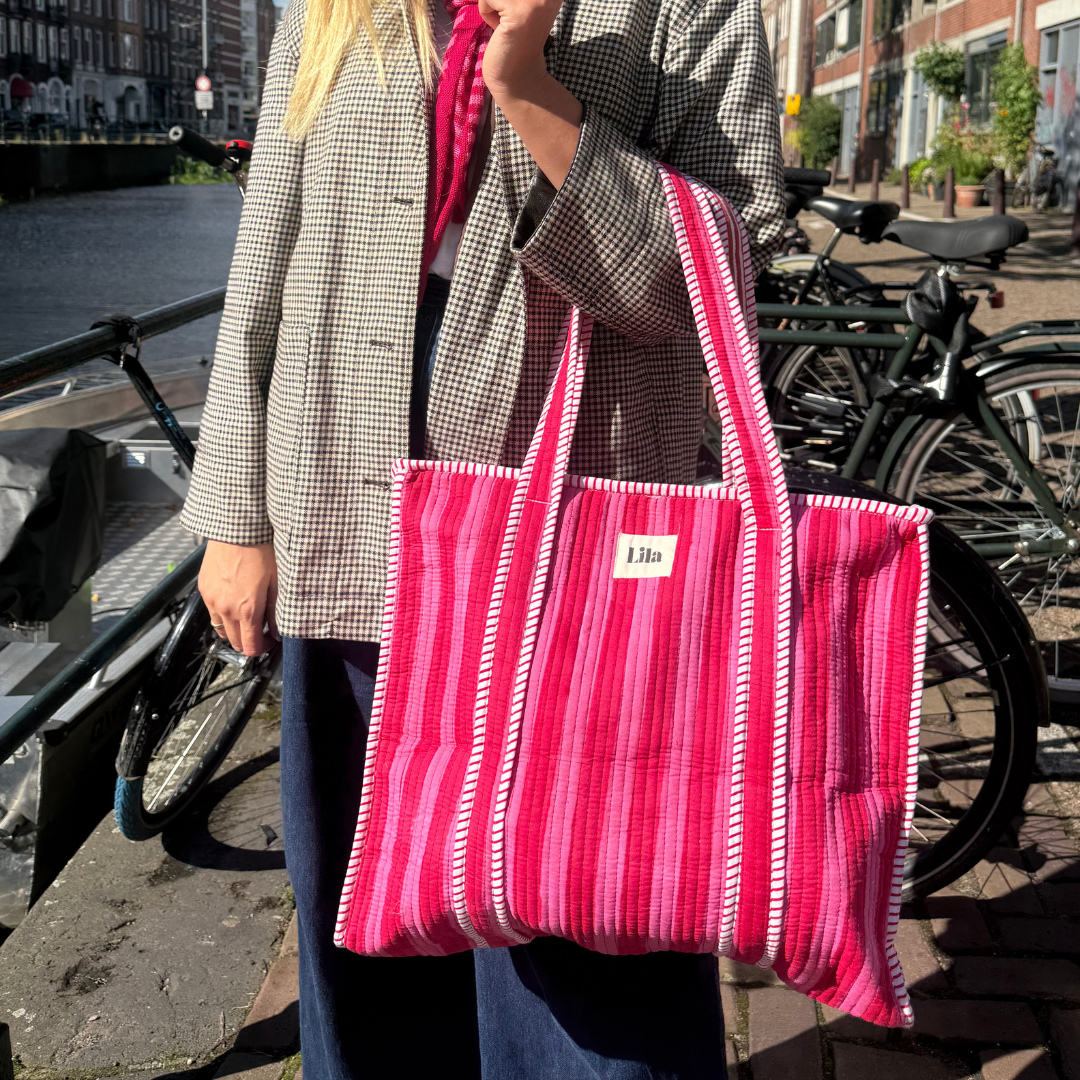Tote bag - Red - Pink - Stripes - including toiletry bag - Zipper