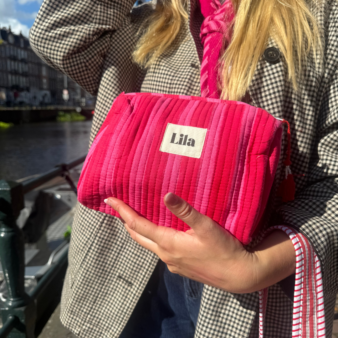 Tote bag - Red - Pink - Stripes - including toiletry bag - Zipper